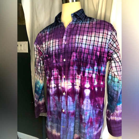 Upcycled One of One tie-dyed Thomas Dean shirt XXL purple box plaid - Picture 1 of 16